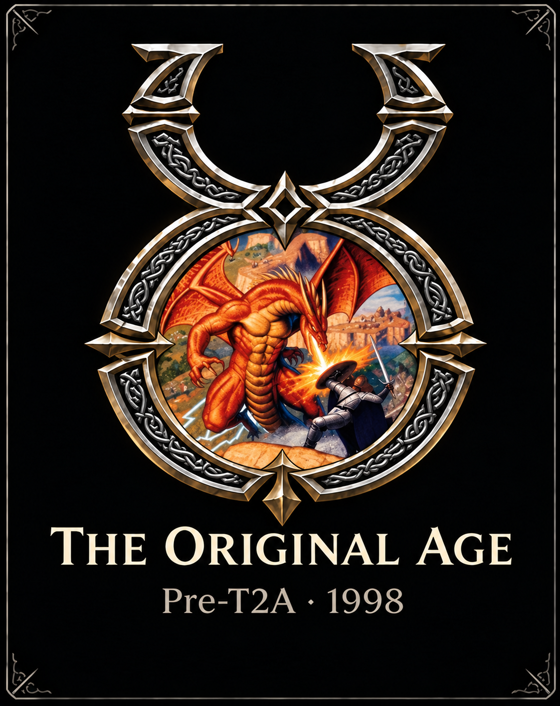 The Original Age: an orange dragon and an armored warrior framed by the silver Ultima Online emblem
