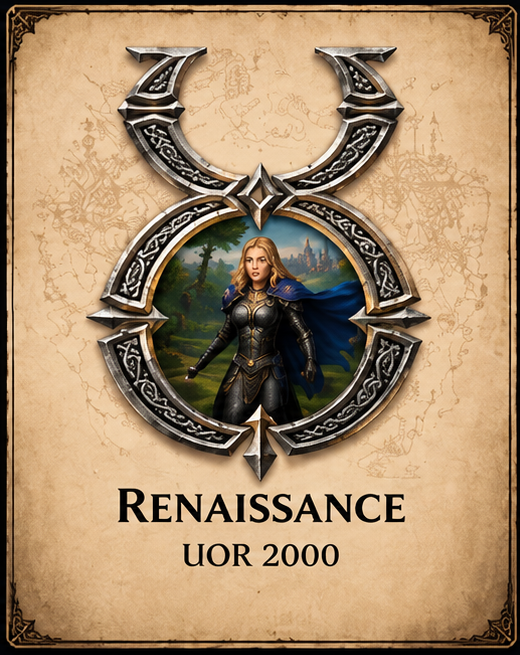 Renaissance: a blonde armored heroine with a blue cloak beneath the silver Ultima Online emblem