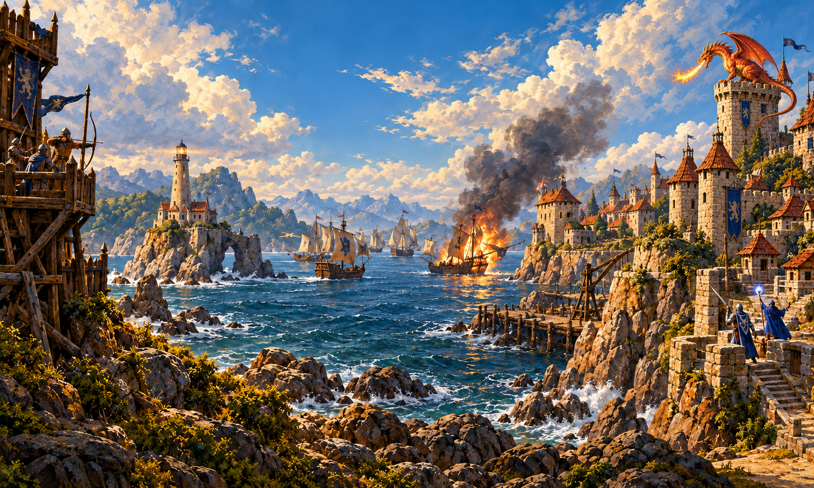 A sunlit Britannian harbor, sailing ships and a dragon above the castle towers