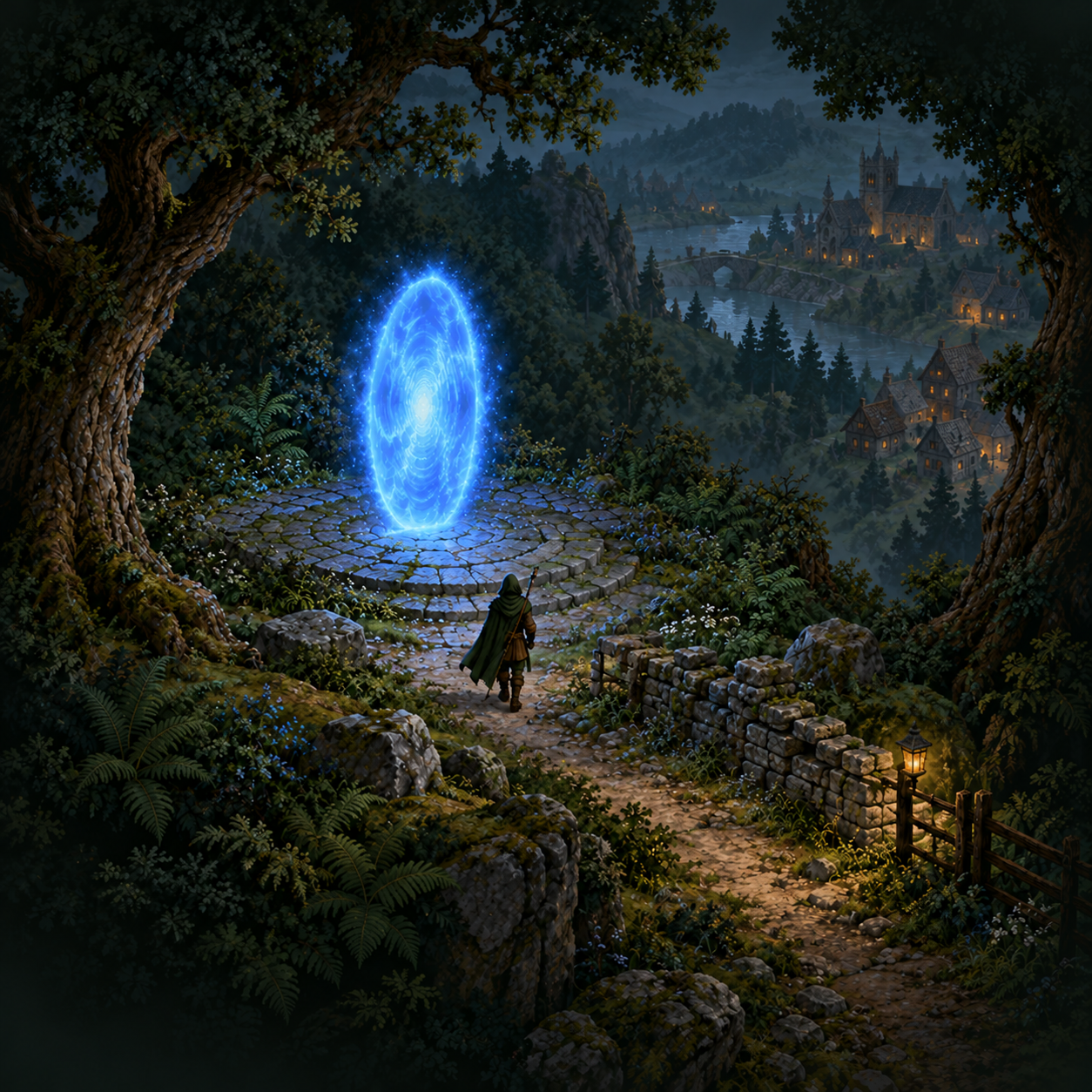 A cloaked adventurer approaches a glowing blue moongate on a forest path above a medieval town